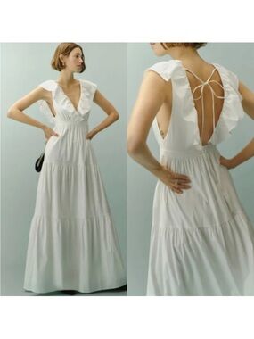 Reformation White Ruffle-Back Tie Maxi Dress